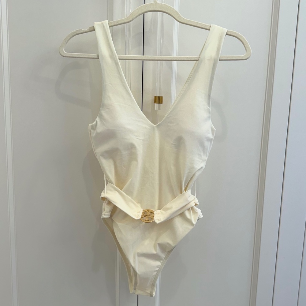 Tory Burch Ivory Miller Plunge One-Piece Swimsuit Size S